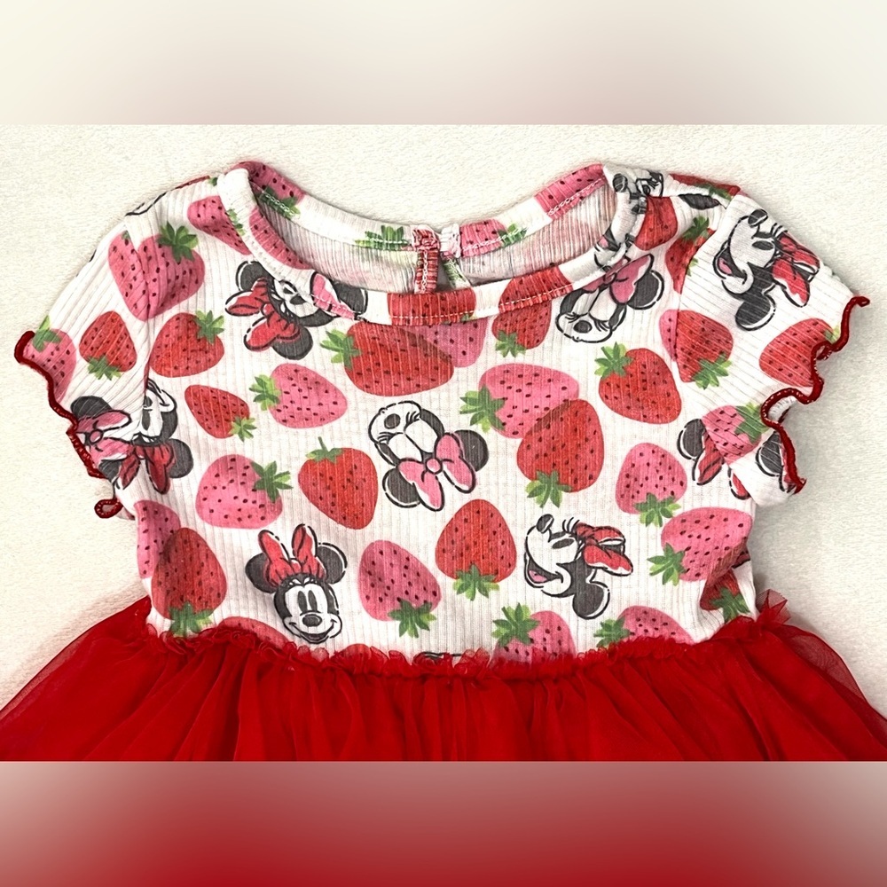 Disney Baby Minnie Mouse White & Pink Knit Fabric Outfit w Red Tulle Skirt Dress - Picture 2 of 13